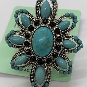 Stretch Turquoise & Black Stone Antique Look Ring
